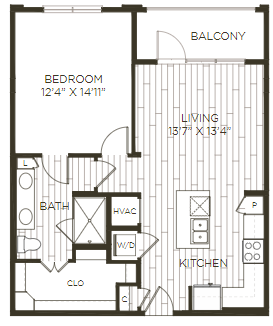 1 bedroom 1 bathroom floor plan I at Station at Old Town, Lewisville, 75057